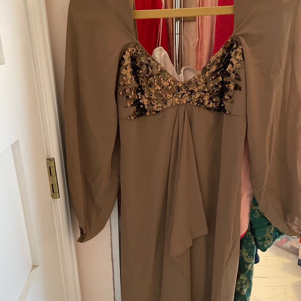 Elegant 1970s Felix Arbeo Gold and Brown Women's Dress Sequin Detail